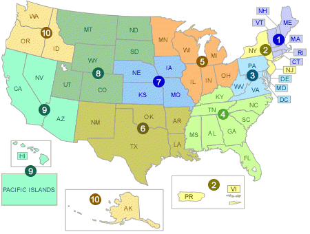 Map of the US, split into EPA regions Map of the US, split into EPA regions