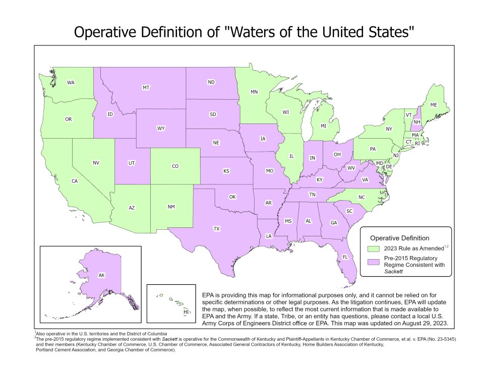 EPA is providing this map for informational purposes only to illustrate which definition of “waters of the United States” is generally operative in each state across the country as a result of litigation, and it cannot be relied on for specific determinations or other legal purposes. As the litigation continues, EPA will update the map, when possible, to reflect the most current information that is made available to the EPA and the Army. 