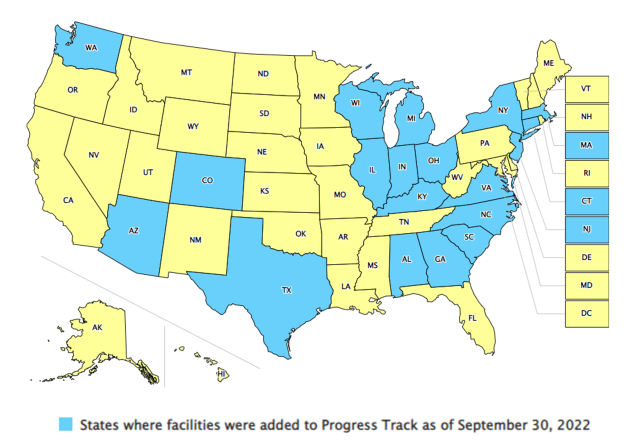 This is a map of the United States showing the states that added facilities to the progress track as of September 30, 2022.