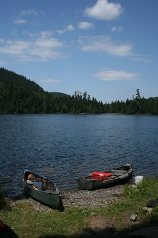 Two canoes on edge of Denny Pond.  Hilary Snook.
